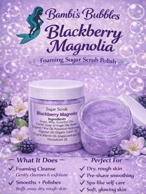Blackberry Magnolia 8oz Hand Crafted Foaming Sugar Polish Scrub